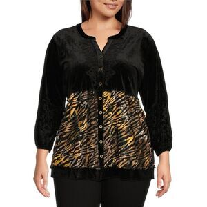 Calessa Button Up Down Tunic Top Womens Size 1X Embroidered Black Velvet Lagum